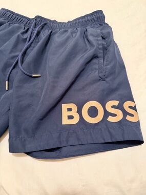 BOSS Men's Athletic Swim Shorts with Tan Gold Logo